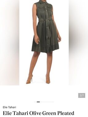 Elie Tahari Olive Green Sleeveless Pleated Shirt Dress